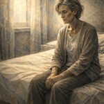 Personne seule assise dans une pièce froide et silencieuse, exprimant la solitude et l’illusion d’une mort présentée comme douce