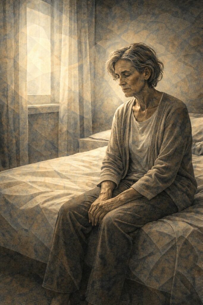 Personne seule assise dans une pièce froide et silencieuse, exprimant la solitude et l’illusion d’une mort présentée comme douce