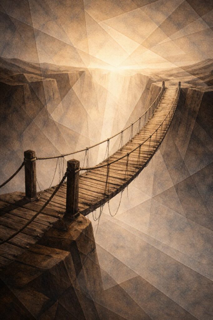 Pont étroit traversant un espace brumeux, évoquant la nécessité de tenir ensemble compassion et vérité