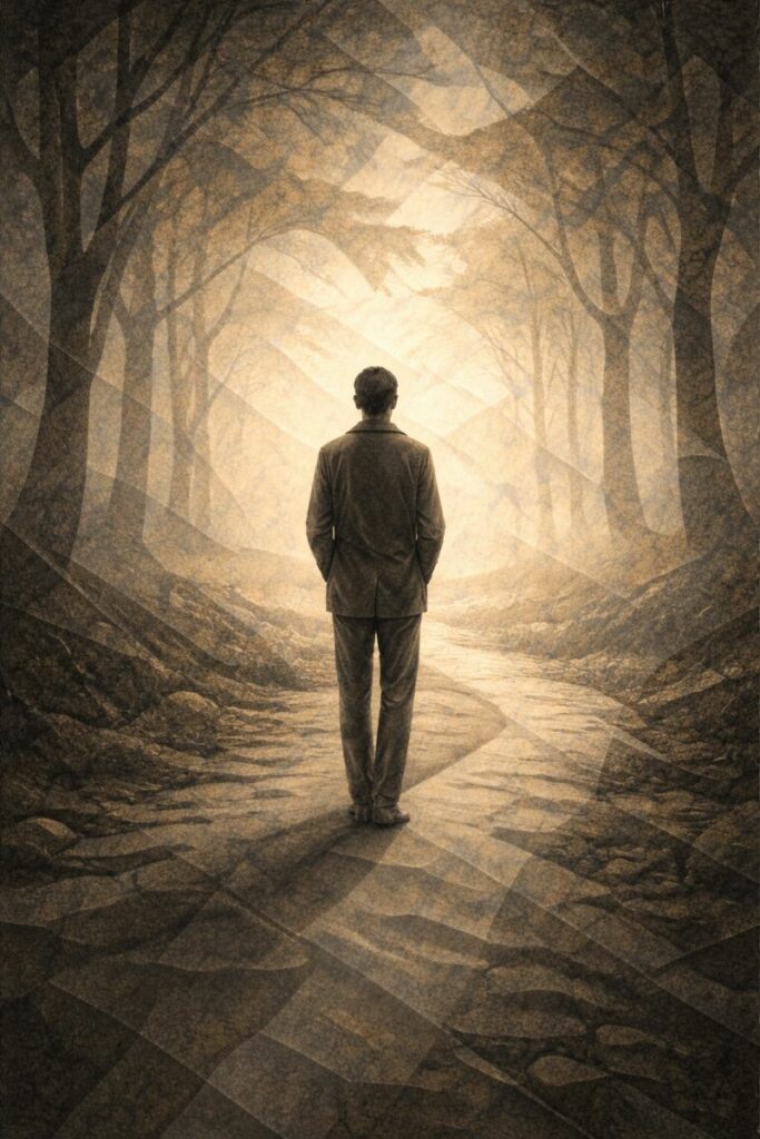 Silhouette humaine dans un paysage brumeux, symbolisant les zones grises et l’hésitation éthique face à la fin de vie