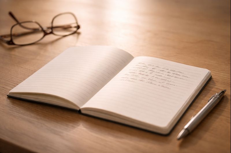 Carnet ouvert et objet personnel éclairés par une lumière douce, symbolisant la transmission et l’amour en fin de vie.