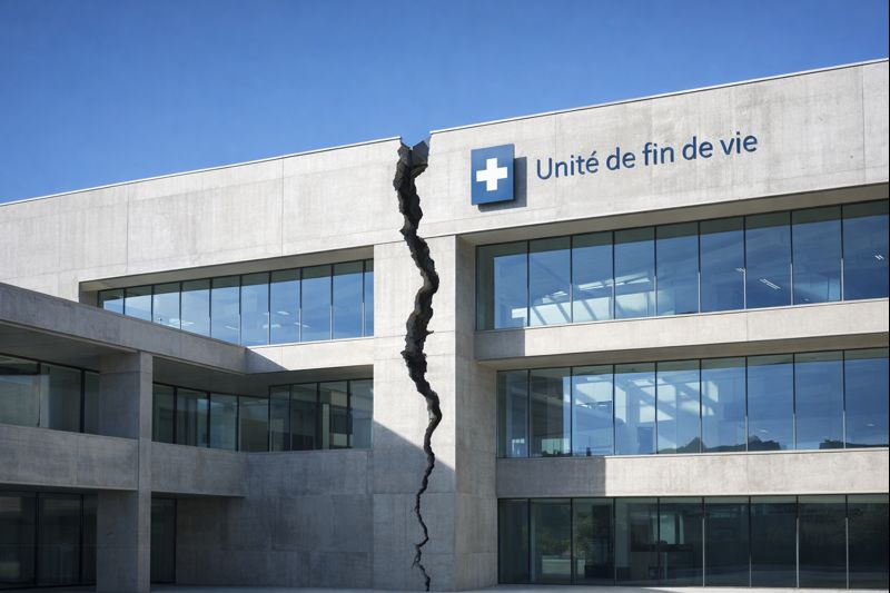 Bâtiment institutionnel contemporain en béton et verre, vide de toute présence humaine, fracturé verticalement, avec l’inscription « Unité de fin de vie », éclairé par la lumière naturelle du jour.