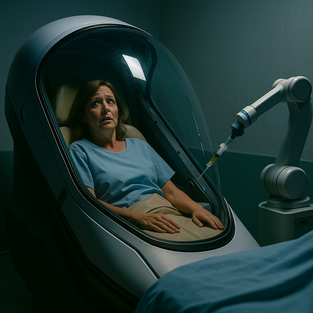 Patiente allongée dans une capsule médicale automatisée, regard inquiet face à un bras robotisé — dérive technologique autour de l’euthanasie.