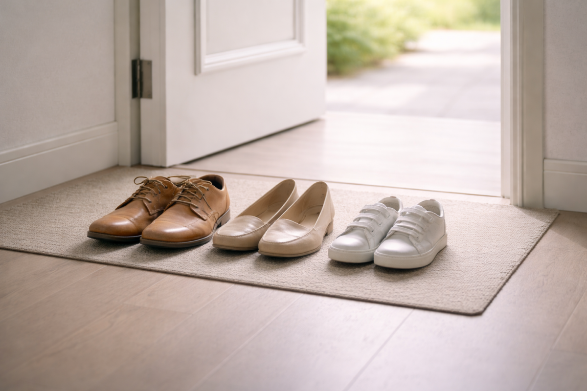 Chaussures alignées près d’une porte lumineuse symbolisant la vie quotidienne
