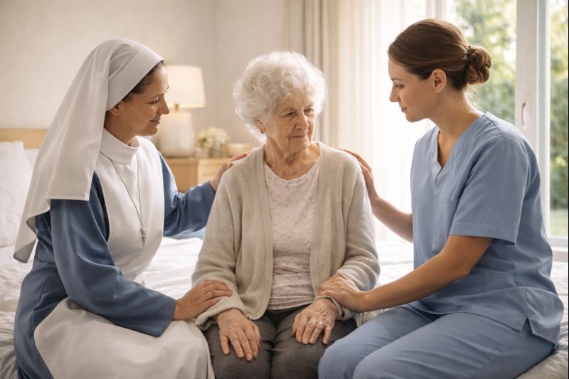 Soignantes accompagnant une personne malade avec respect et dignité en fin de vie.