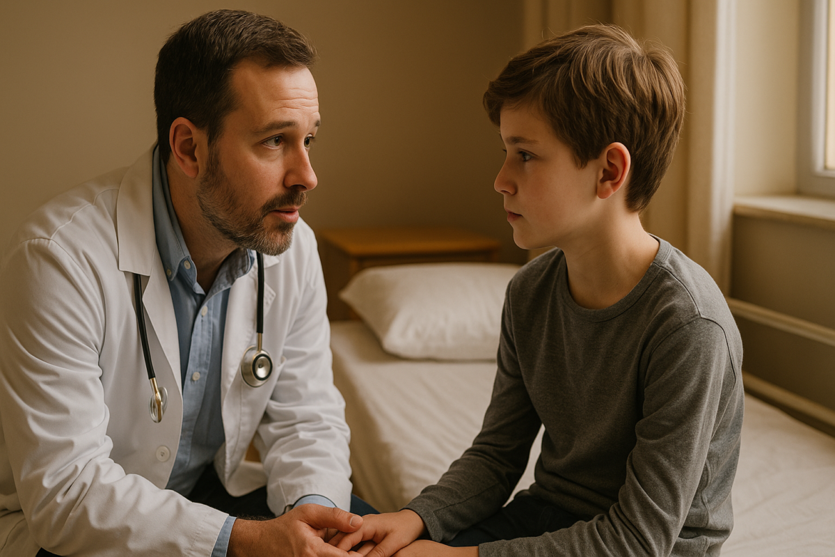 Médecin parlant doucement à un mineur, représentant la difficulté d’évaluer le consentement d’un enfant.