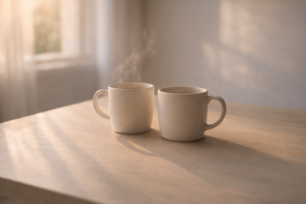 Deux tasses posées côte à côte symbolisant la présence et l’accompagnement