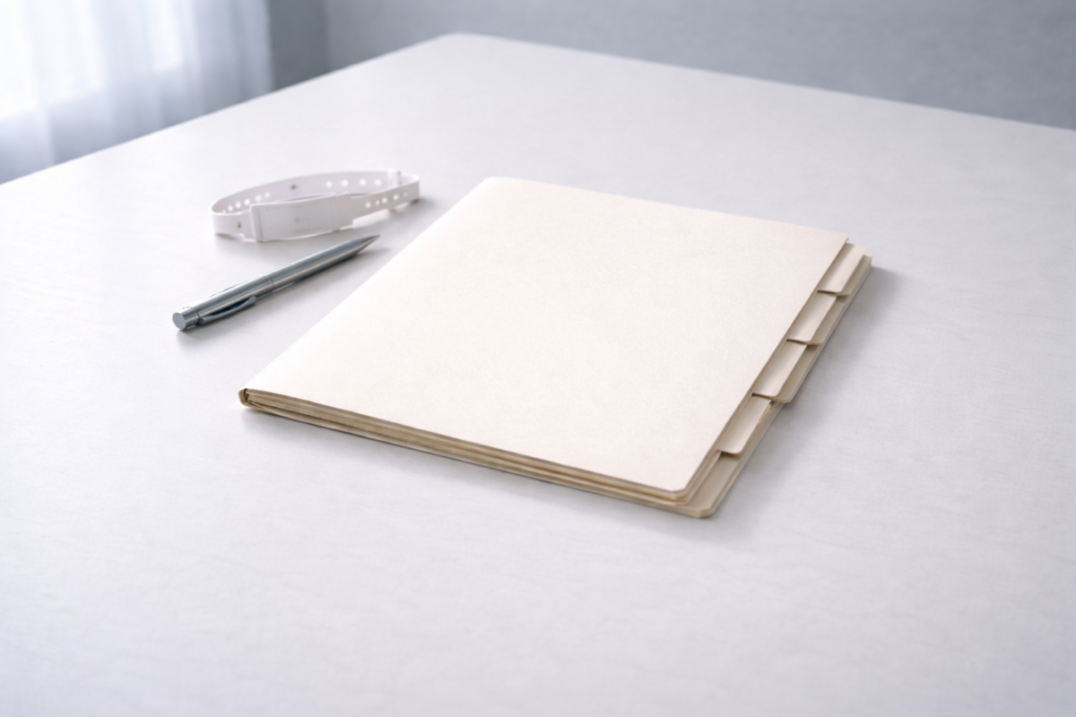 Dossier médical fermé posé sur une table claire