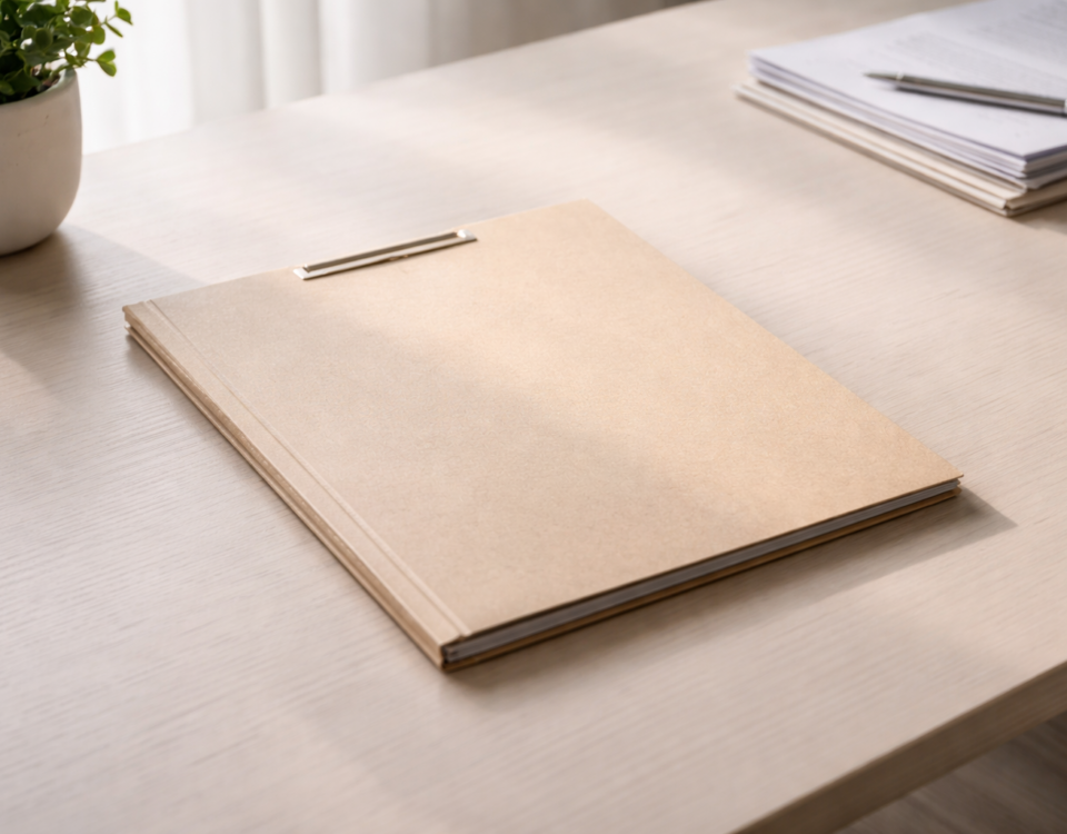 Dossier fermé sur une table claire symbolisant l’examen rigoureux d’une décision