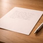 Feuille manuscrite et stylo sur une table claire, symbolisant les directives anticipées.