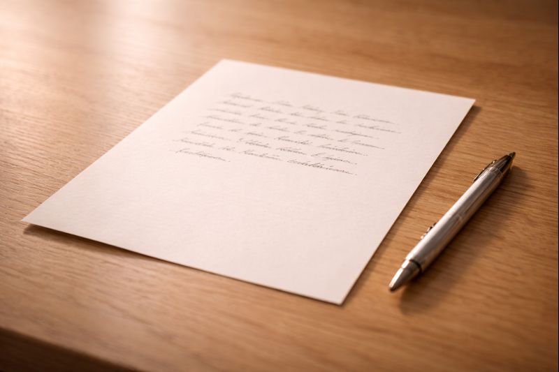 Feuille manuscrite et stylo sur une table claire, symbolisant les directives anticipées.