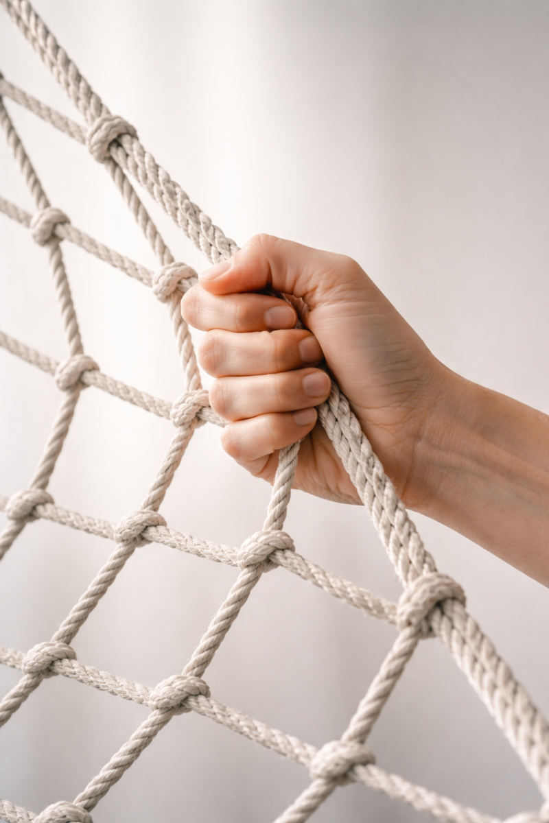 Main tenant un filet solide symbolisant la protection