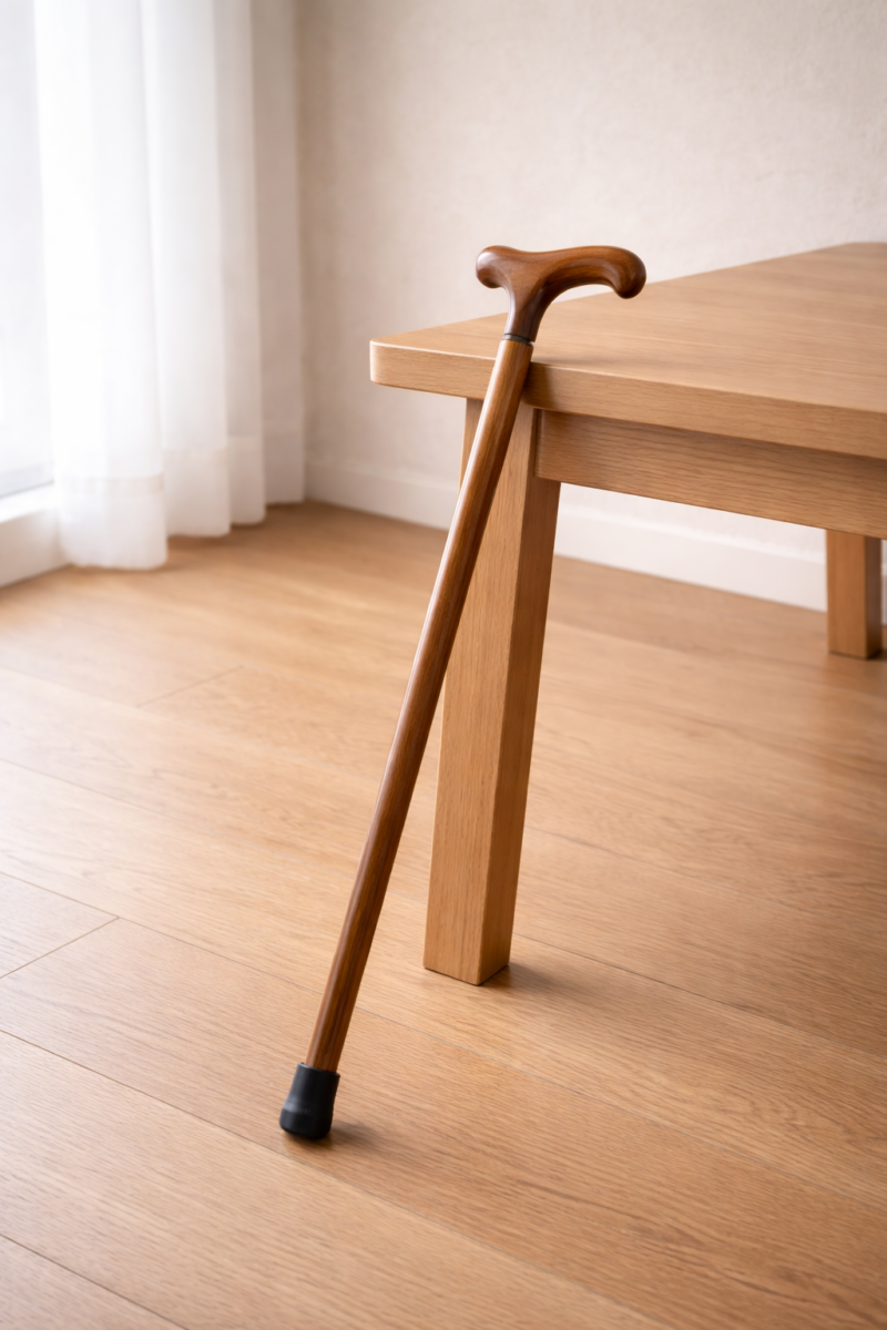 Canne en bois posée contre une table symbolisant le handicap