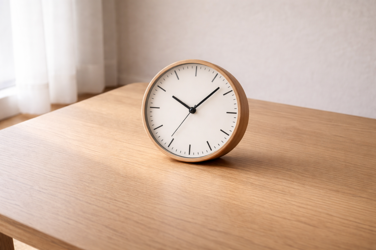 Horloge simple posée sur une table symbolisant le temps qui passe