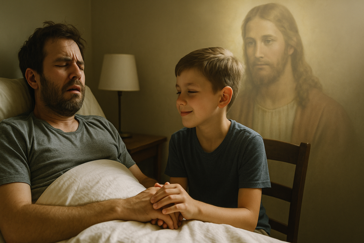 Scène domestique, homme malade réconforté par un enfant, avec Jésus en filigrane en arrière-plan, illustrant le lien entre euthanasie et foi.