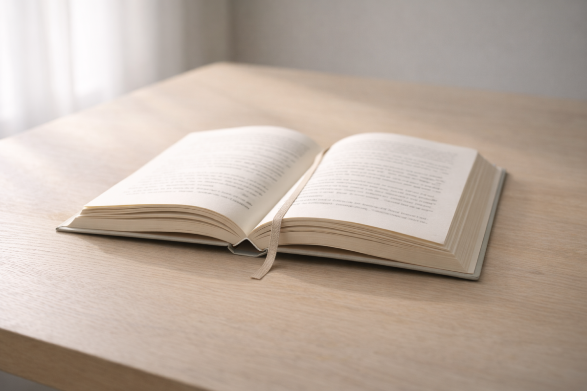 Livre ouvert avec signet au milieu symbolisant une histoire qui continue