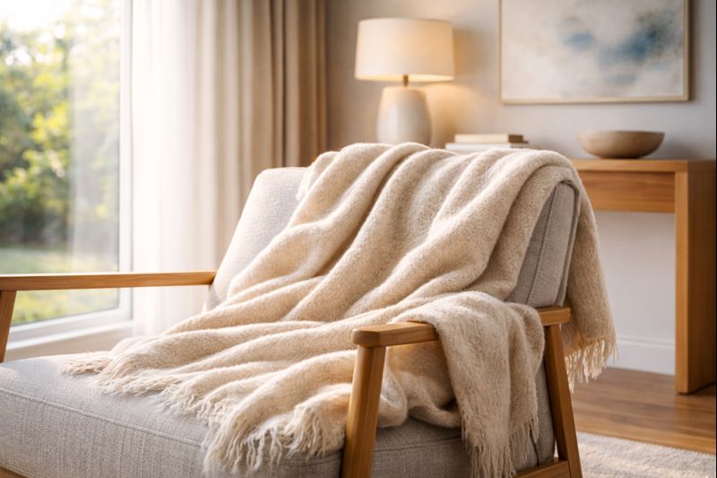 Manteau clair posé sur un fauteuil design, symbolisant l’enveloppement et la protection des soins palliatifs.