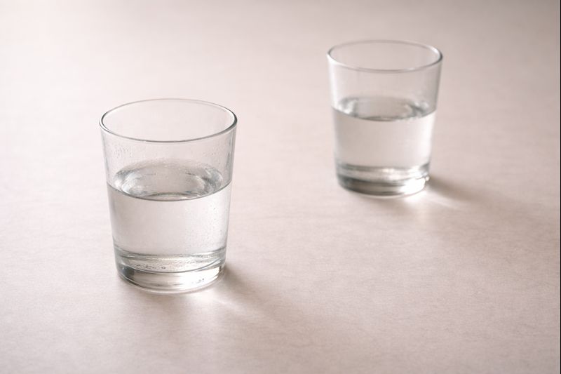 Deux verres d’eau sur une table claire, suggérant la présence ou l’absence relationnelle en fin de vie.
