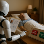 Robot humanoïde consultant un dossier patient et choisissant entre “Fin de vie” et “Maintien en vie” — automatisation inquiétante.