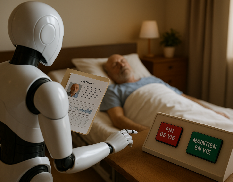 Robot humanoïde consultant un dossier patient et choisissant entre “Fin de vie” et “Maintien en vie” — automatisation inquiétante.