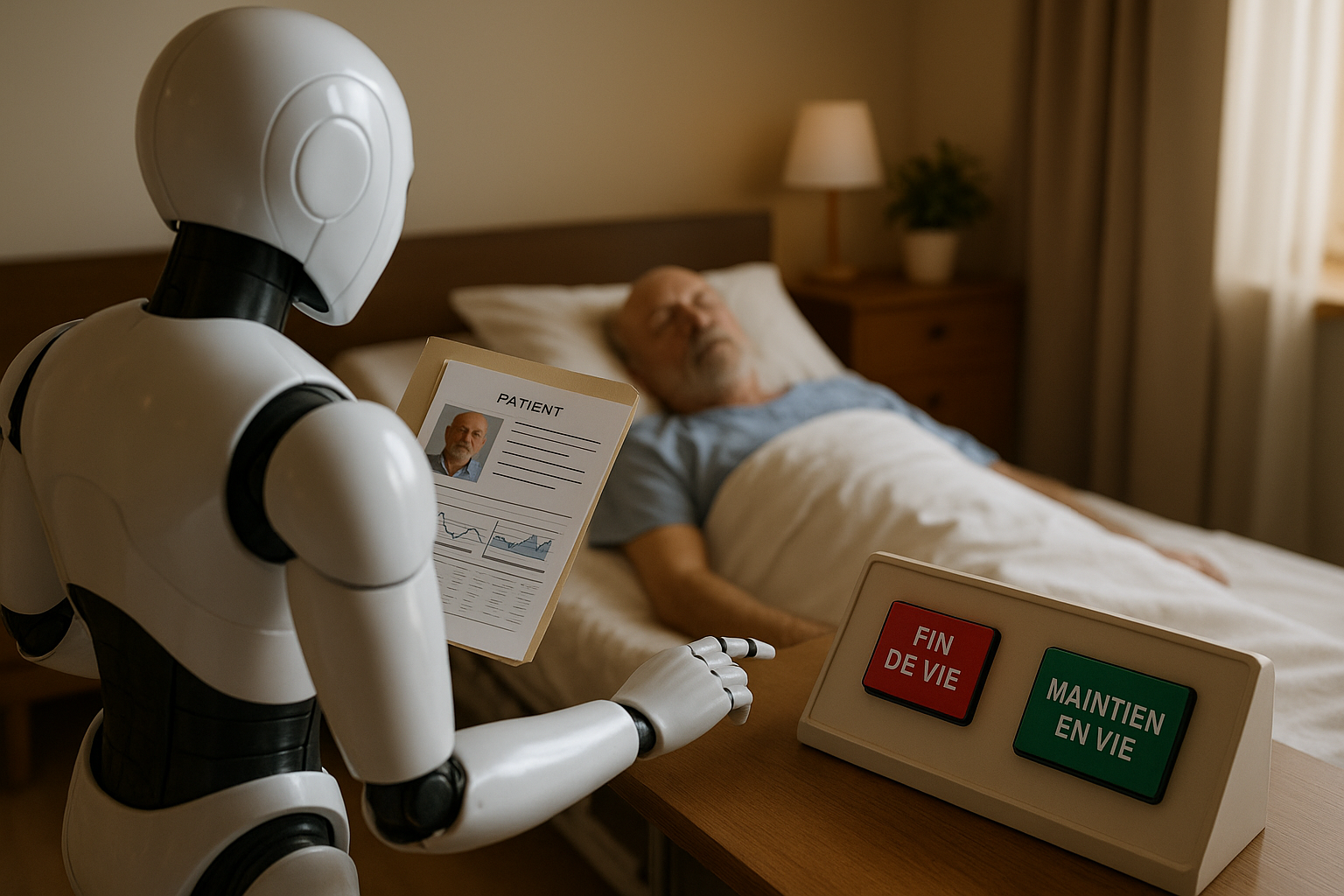 Robot humanoïde consultant un dossier patient et choisissant entre “Fin de vie” et “Maintien en vie” — automatisation inquiétante.