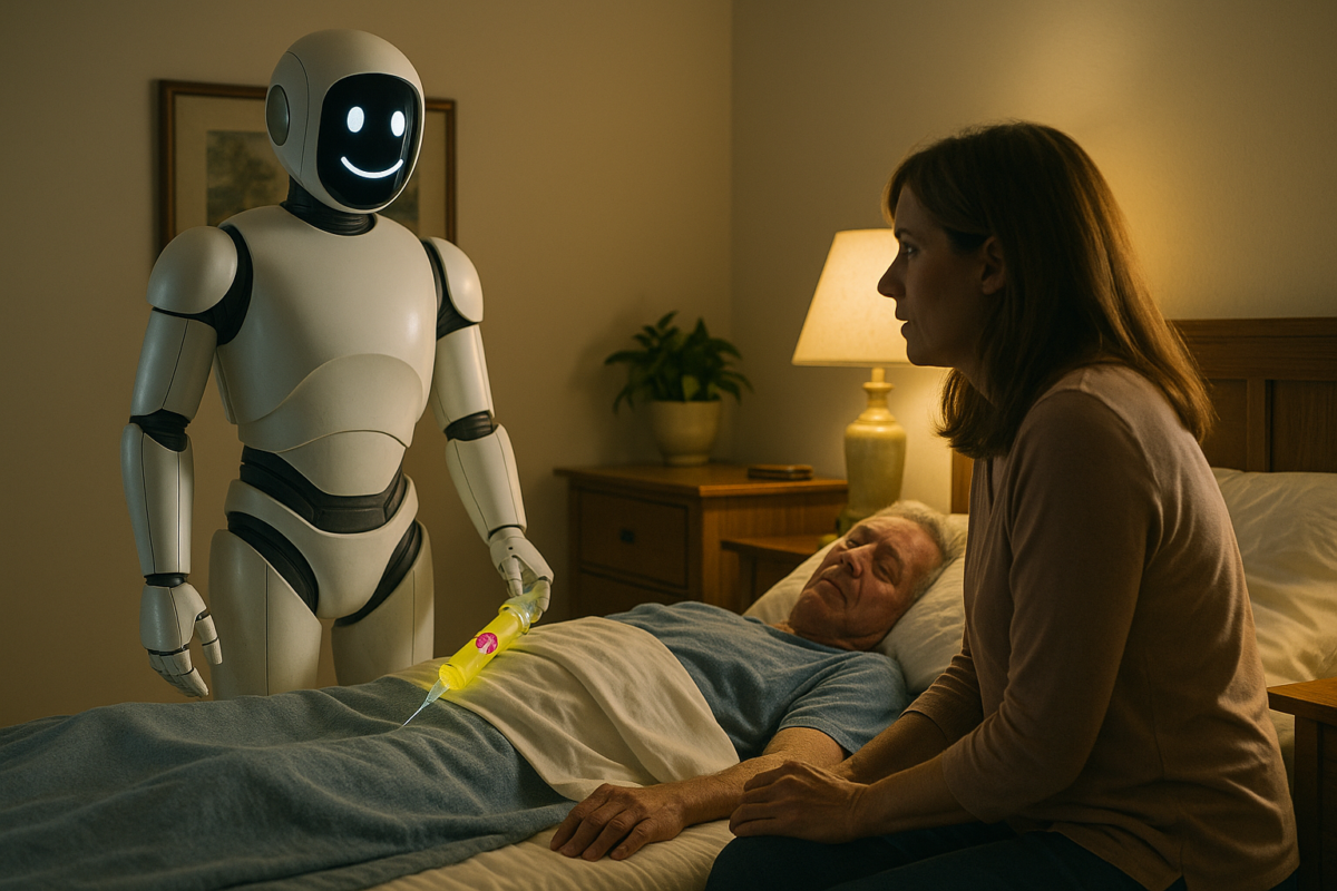 Robot souriant administrant une injection à un patient en fin de vie sous le regard inquiet d’un proche — dérive de l’euthanasie automatisée.