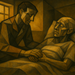 soignant assis près d’un patient en fin de vie, lumière douce, scène de présence et de dignité — soins palliatifs