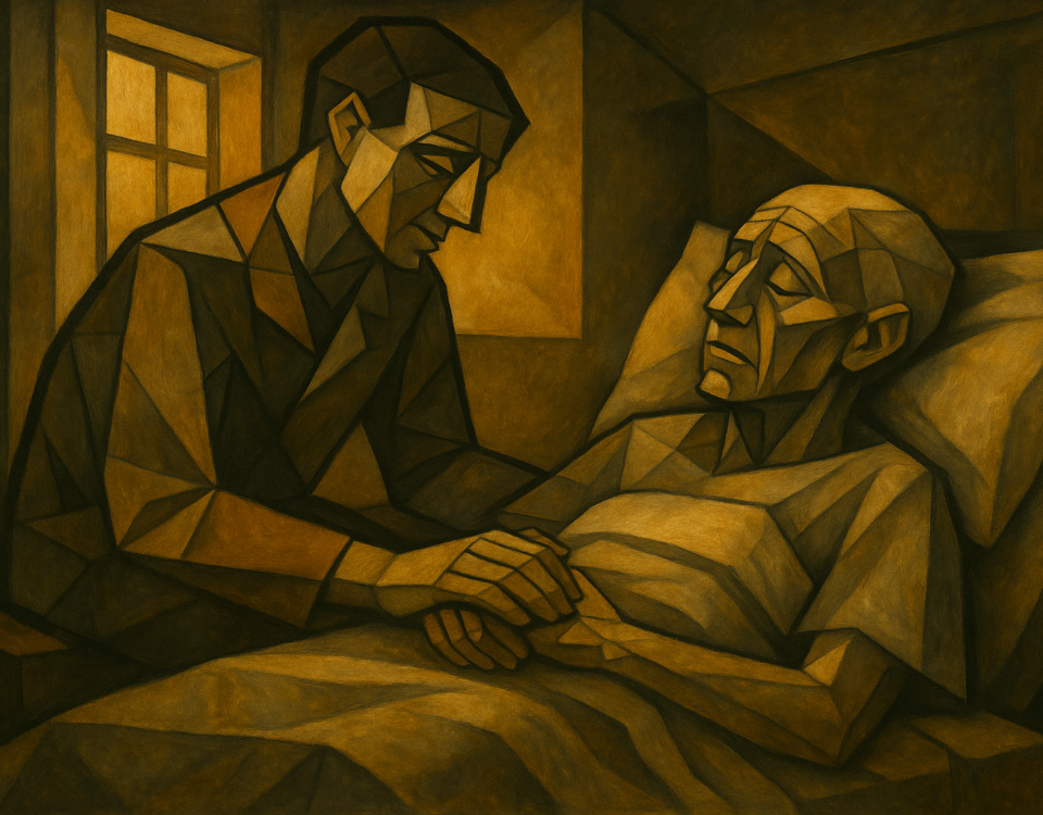 soignant assis près d’un patient en fin de vie, lumière douce, scène de présence et de dignité — soins palliatifs