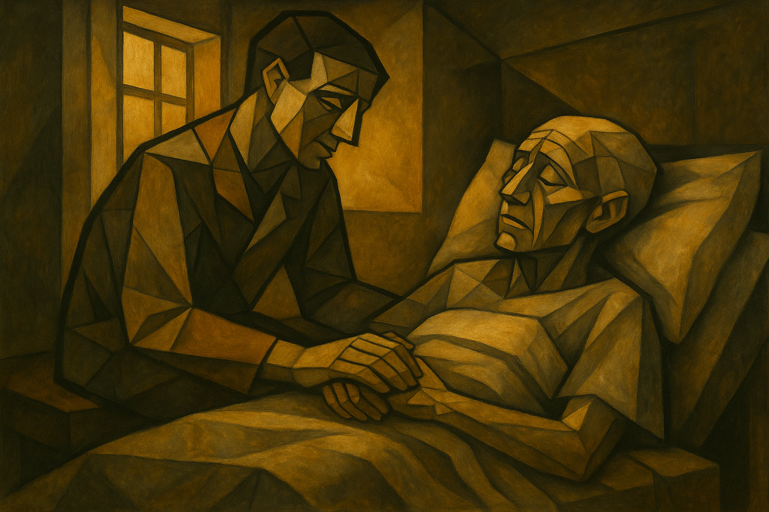 soignant assis près d’un patient en fin de vie, lumière douce, scène de présence et de dignité — soins palliatifs