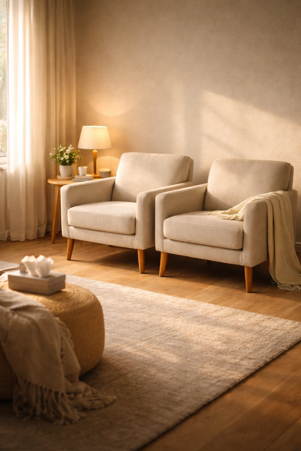 Deux fauteuils rapprochés dans une pièce lumineuse symbolisant l’accompagnement palliatif