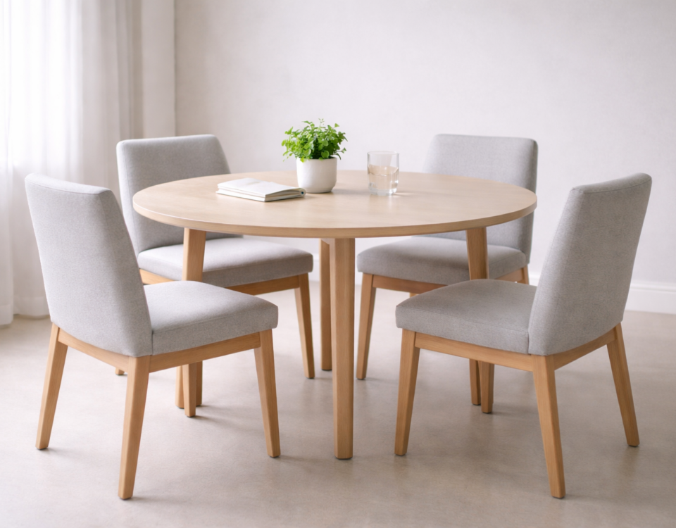 Table ronde entourée de chaises symbolisant le travail d’équipe