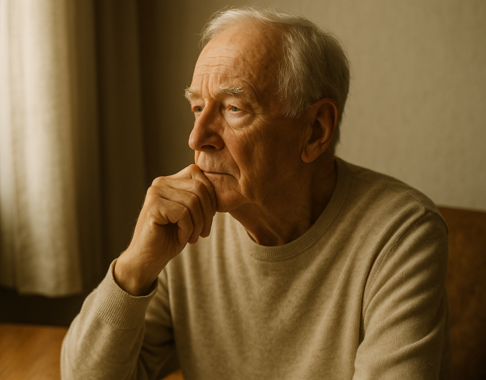 personne âgée assise en réflexion — directives anticipées