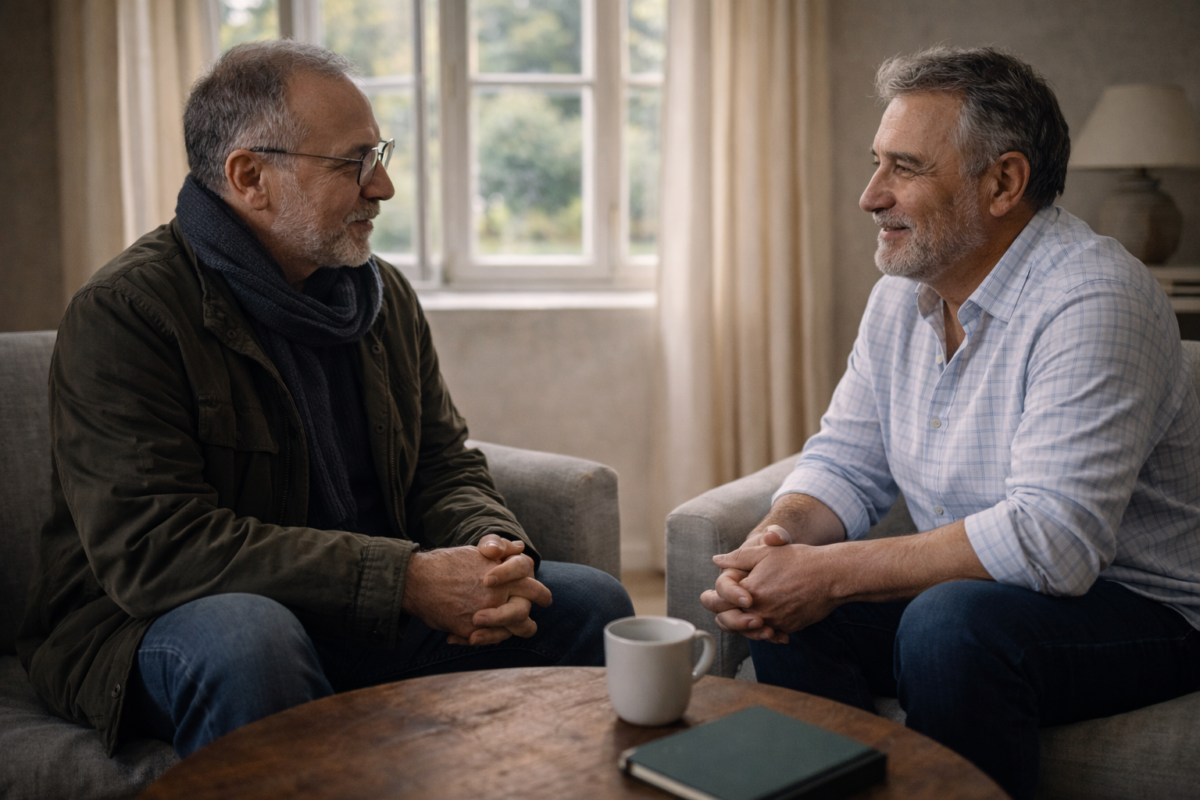 Deux personnes assises l’une en face de l’autre dans une conversation attentive et bienveillante