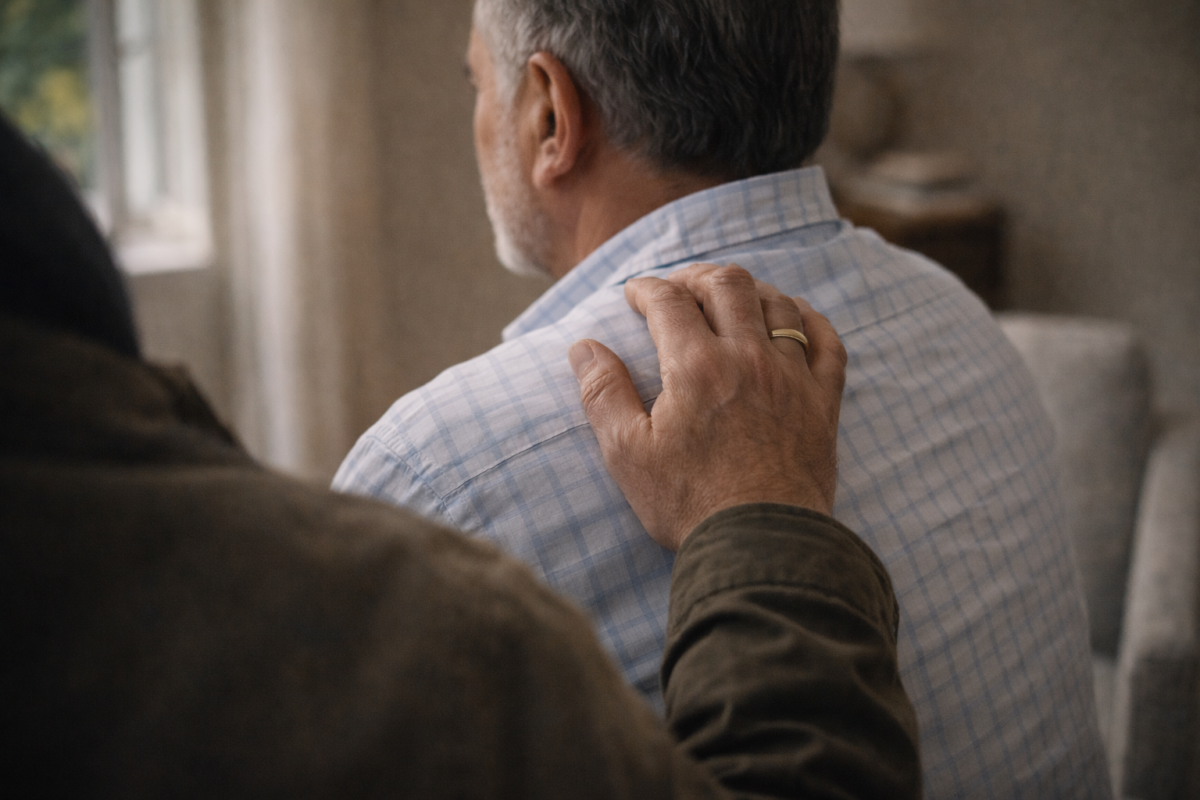Main posée avec douceur sur l’épaule d’une personne assise, symbole de soutien et d’accompagnement