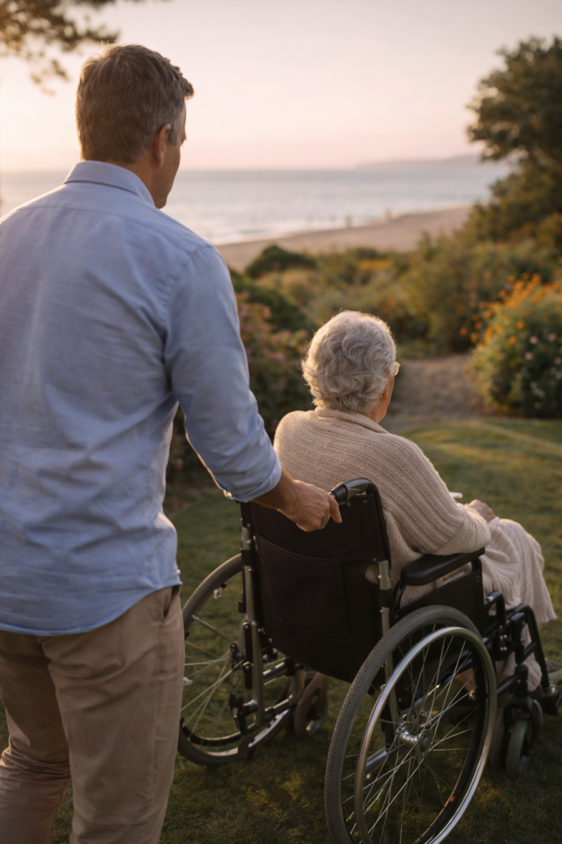 Un proche accompagne une personne malade en fauteuil roulant dans un jardin.