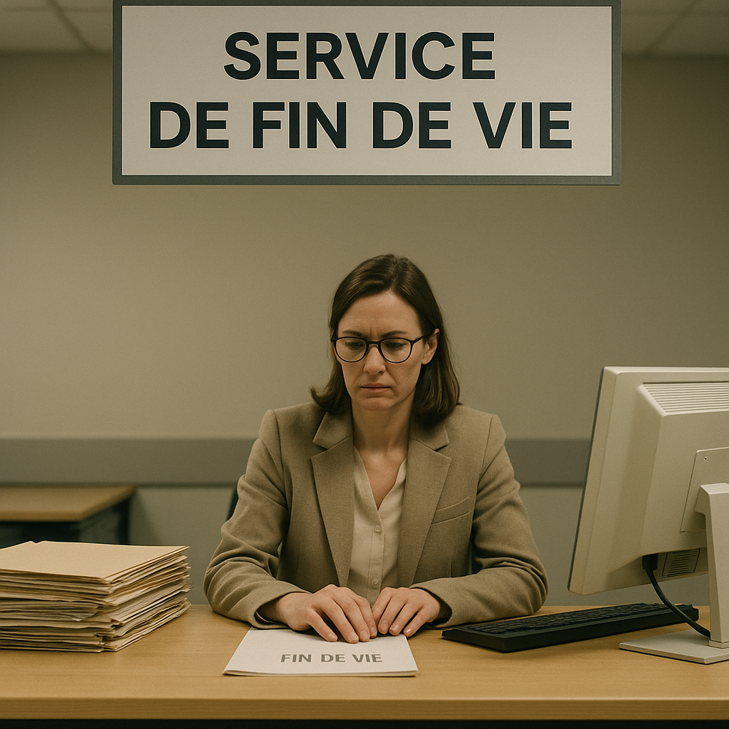 Agent administratif assis derrière un guichet portant l’enseigne « Service de fin de vie », illustrant une dérive de l’État.