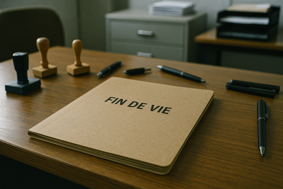 Dossier intitulé « Fin de vie » posé sur un bureau administratif, symbolisant la bureaucratisation de la mort.