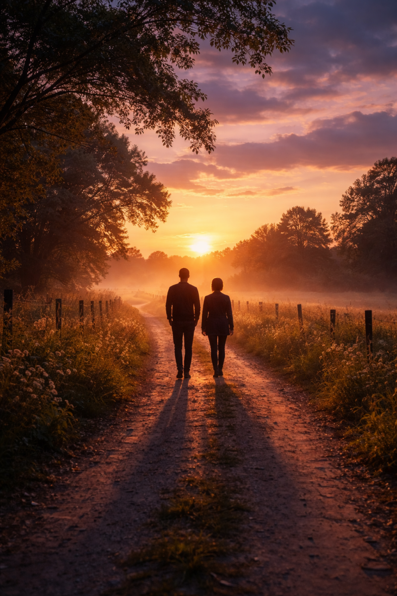 Deux personnes marchent ensemble au crépuscule symbolisant la réflexion sur la fin de vie.