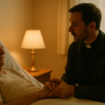 Aumônier ou croyant tenant la main d’un patient en fin de vie, lumière douce, geste de soutien spirituel.