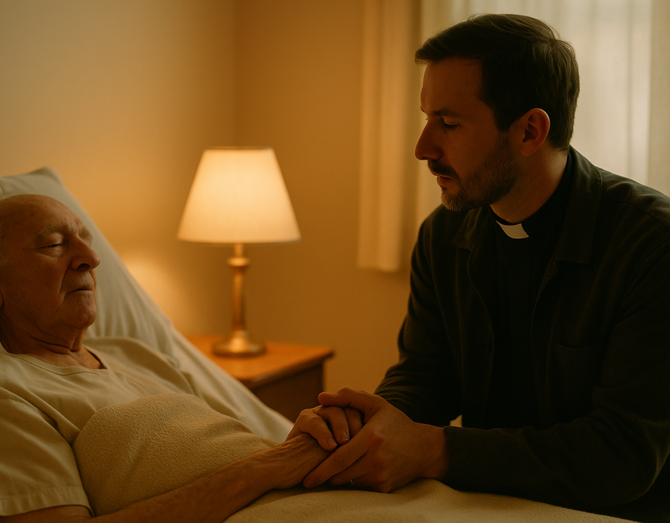 Aumônier ou croyant tenant la main d’un patient en fin de vie, lumière douce, geste de soutien spirituel.
