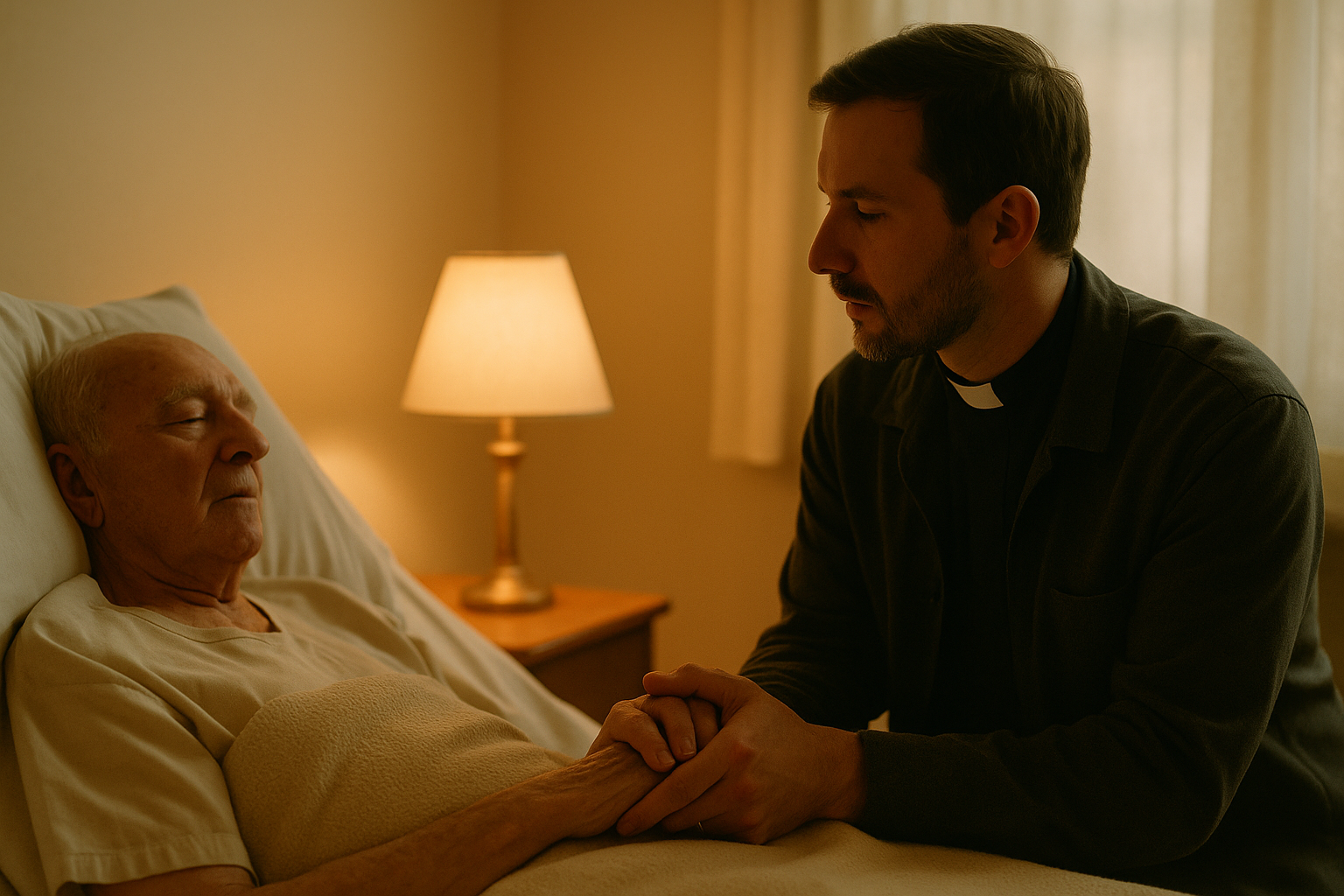 Aumônier ou croyant tenant la main d’un patient en fin de vie, lumière douce, geste de soutien spirituel.