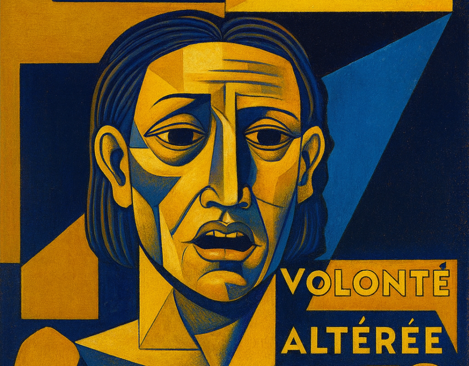 Visage cubiste exprimant la crise et la volonté altérée.