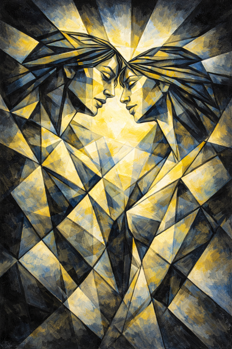 Deux formes abstraites qui se rapprochent symbolisant une rencontre humaine.