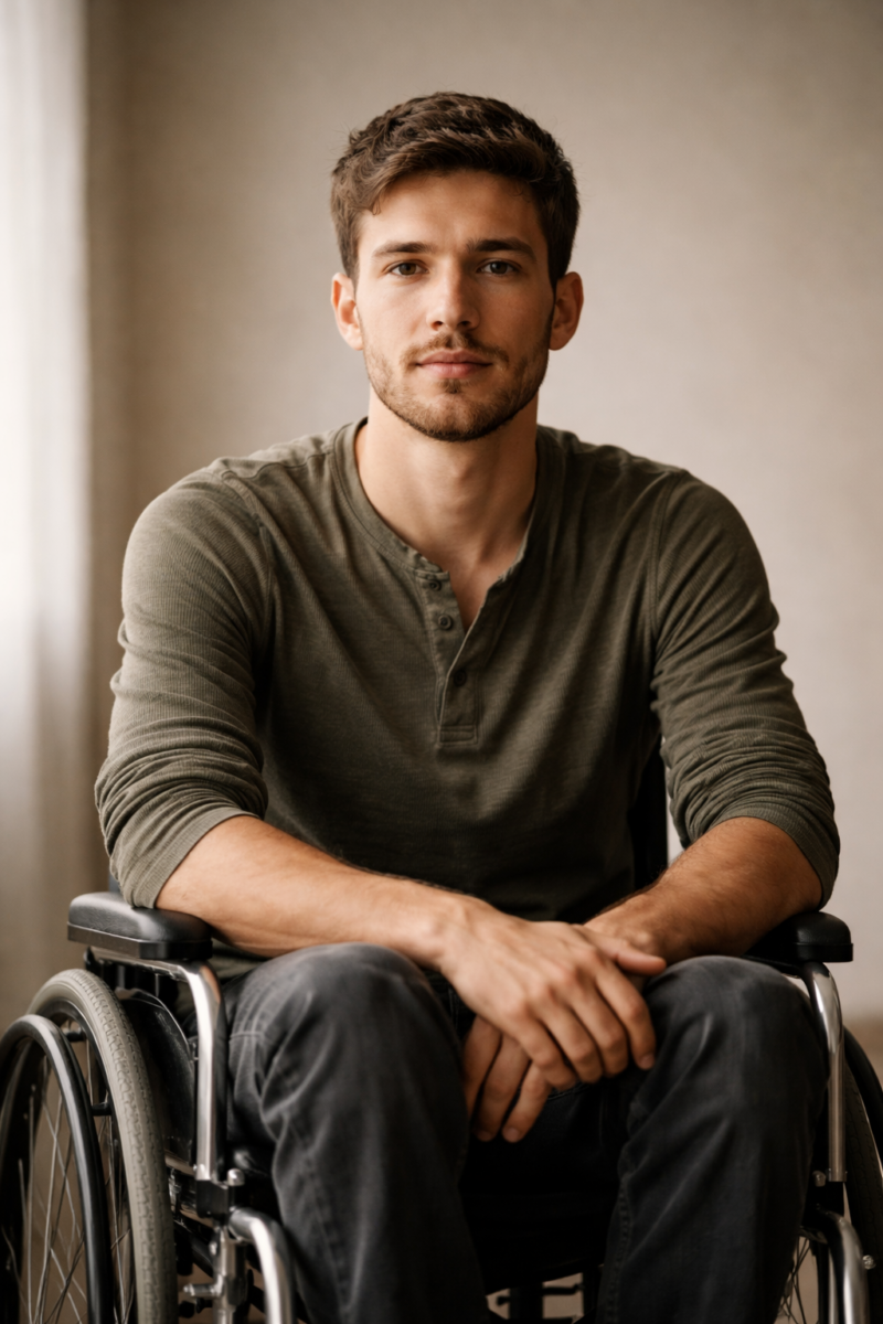 Portrait d’un jeune adulte handicapé au regard calme.