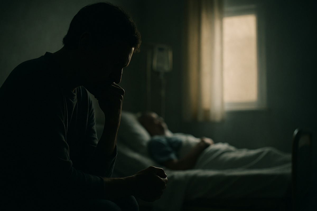 Personne assise dans une chambre médicale, le visage traversé par le doute, symbole du dilemme moral