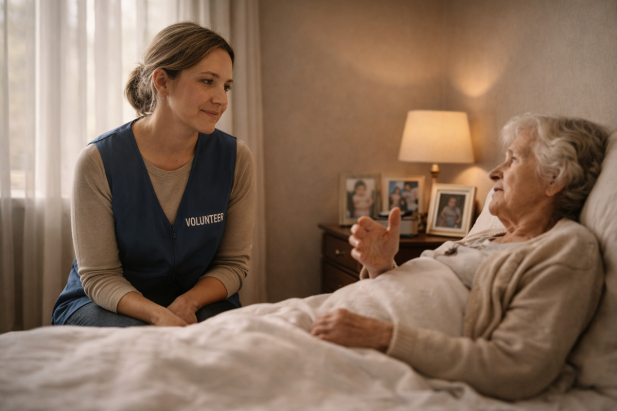 Bénévole écoutant une personne âgée en chambre de soins.