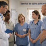 Équipe soignante réunie dans un couloir d’hôpital.