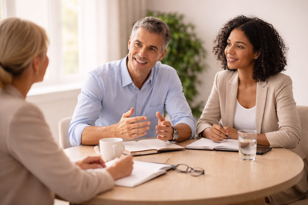 Équipe soignante discutant autour d’une table claire