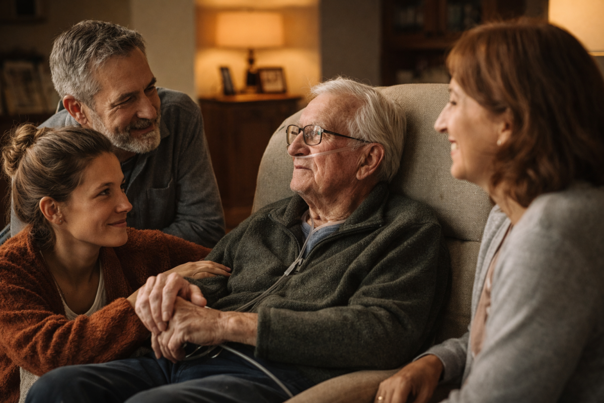 Personne âgée dépendante entourée de ses proches à la maison.