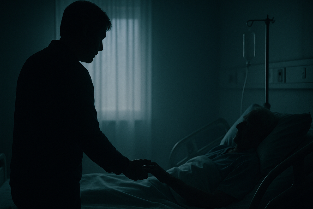 Silhouette d’un proche hésitant, main tendue vers un patient, symbolisant la fausse compassion.